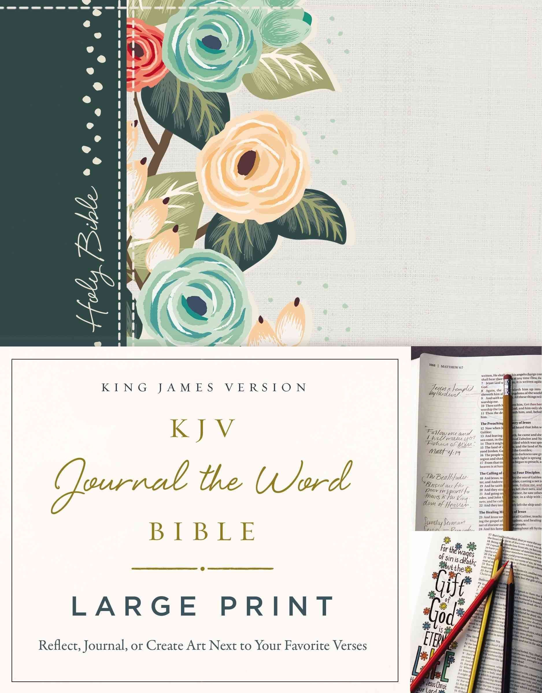 KJV, Journal the Word Bible, Large Print, Cloth over Board, Green Floral, Red Letter